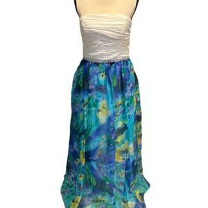 JS Boutique White Blue Floral Strapless Beaded Waist Chiffon Gown